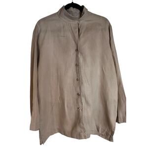 Go Silk 100% Linen Shirt Tan Button Front Mandarin Coastal Resort Minimalist L